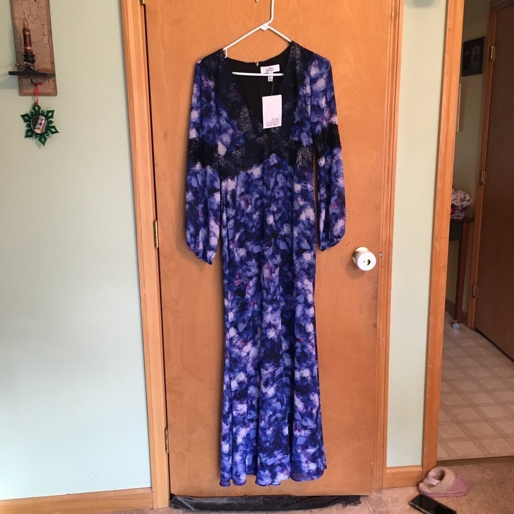Belle Badgley Mischka Maxi Dress Women Size 2 Blue Purple NWT Lace Trim Floral